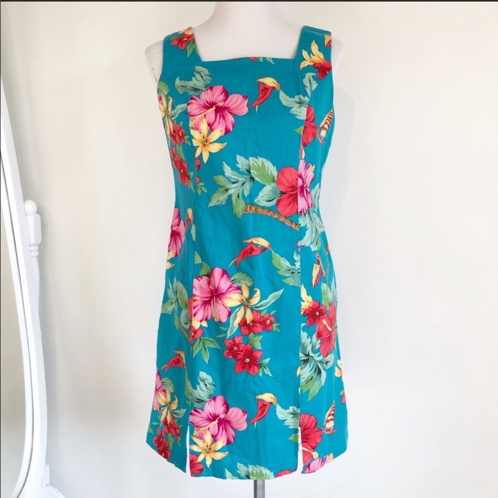 Caribbean Joe Turquoise Floral Cotton Sheath Sundress, size Petite Medium